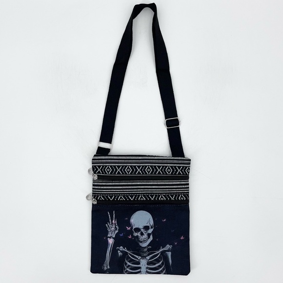 NEW Skeleton Small Zipper Crossbody Black Gothic Bag w/Adjustable Strap - Picture 1 of 9